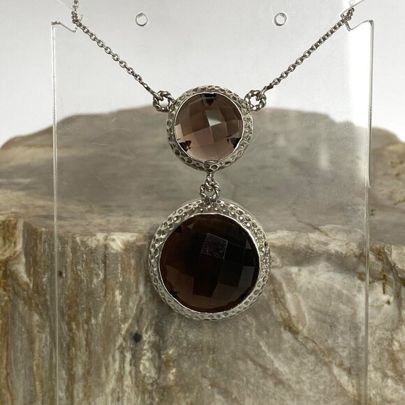 Sterling Silver SGL 925 India Faceted Round Smoky Quartz Pendant Necklace 18" - Picture 6 of 16